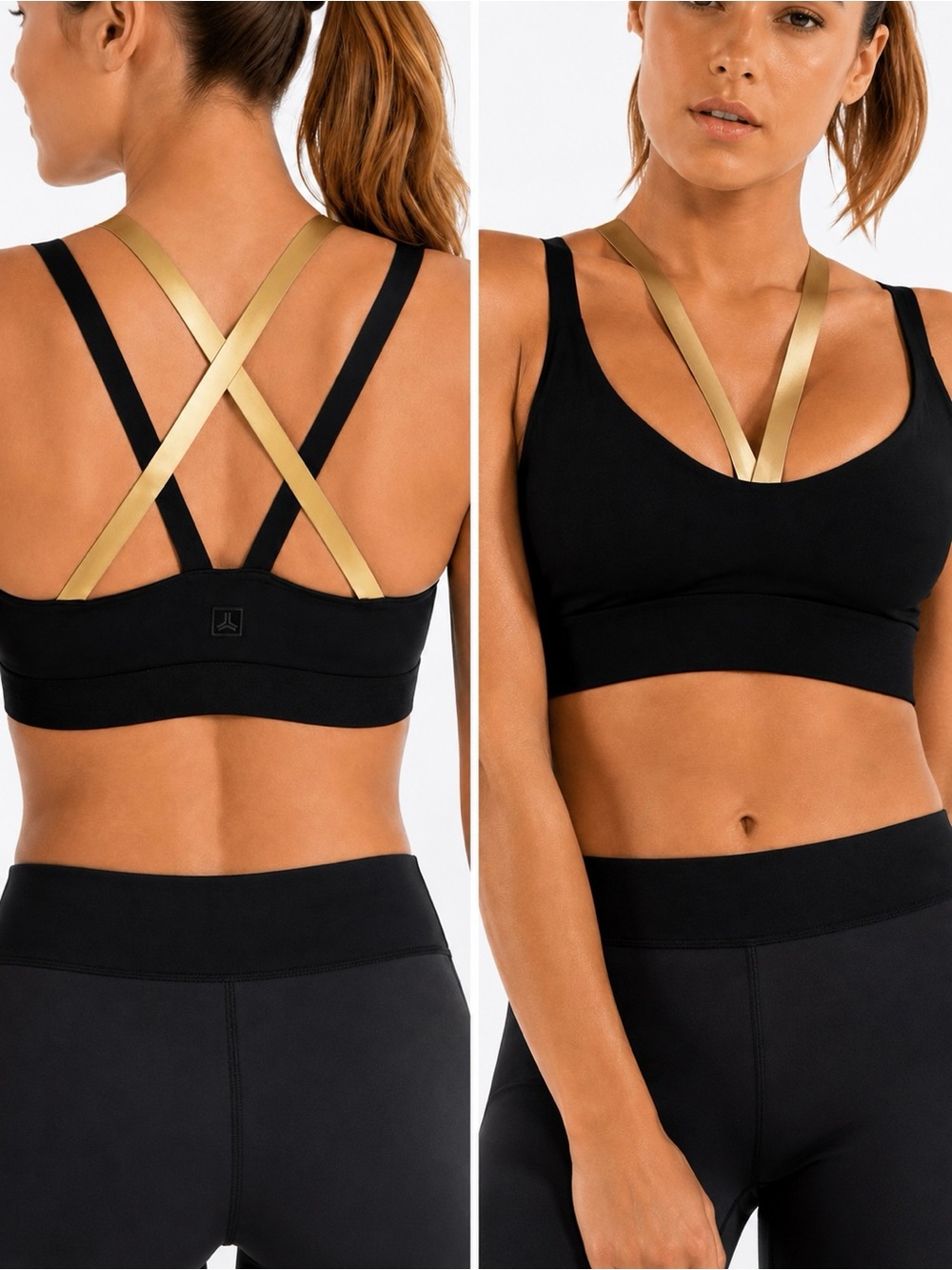 ULTRACOR Rhombus Black Sports Bra w Gold Strappy Front & Cross-Back
